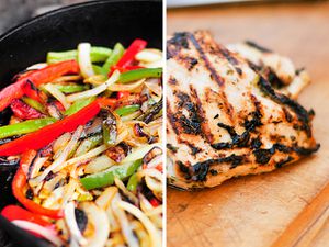 Sliced peppers and onions cooking in a cast iron skillet and a piece of grilled skinless chicken. 