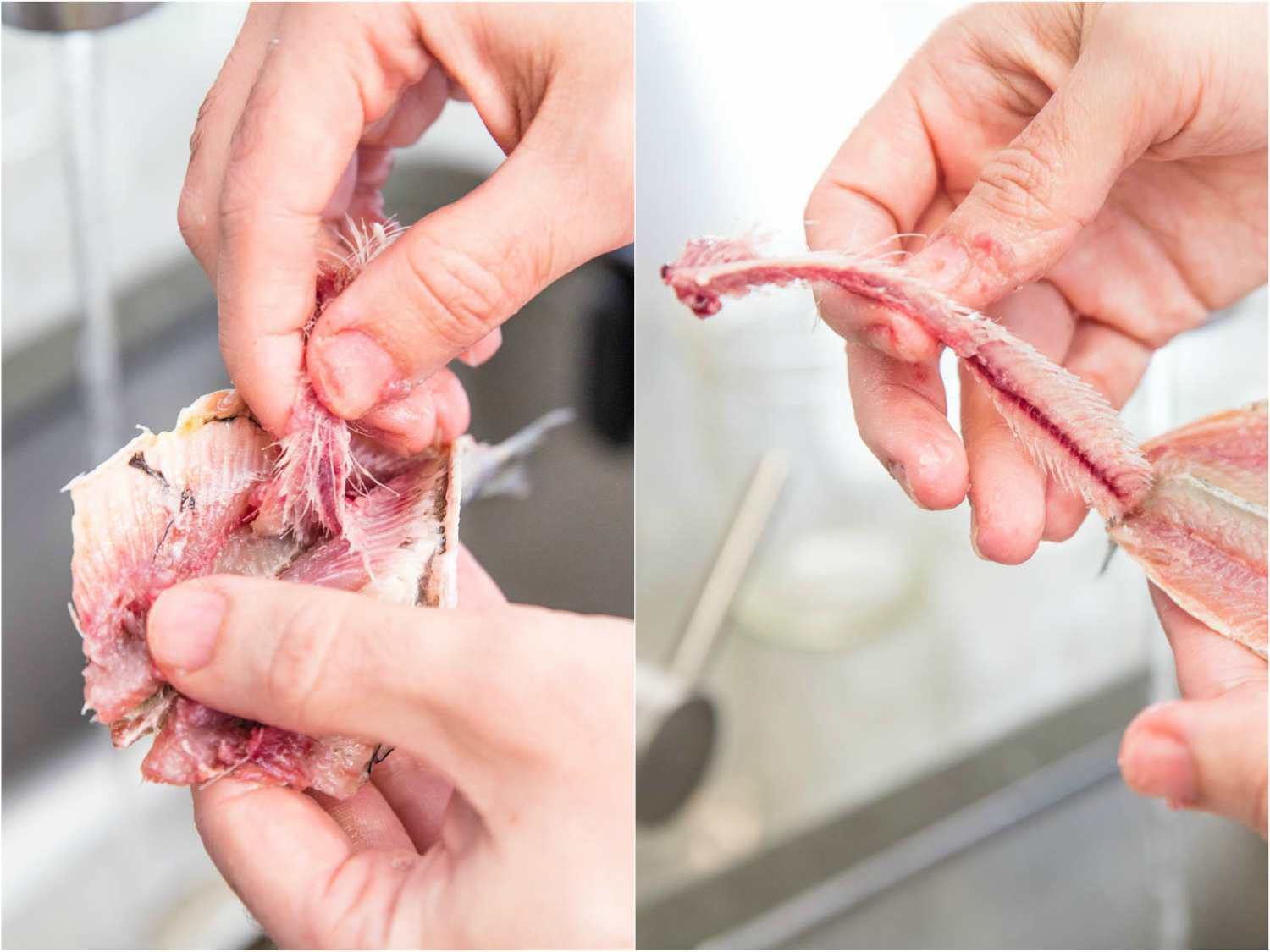 Side by side photos of hands pulling out the backbone of a fresh sardine.
