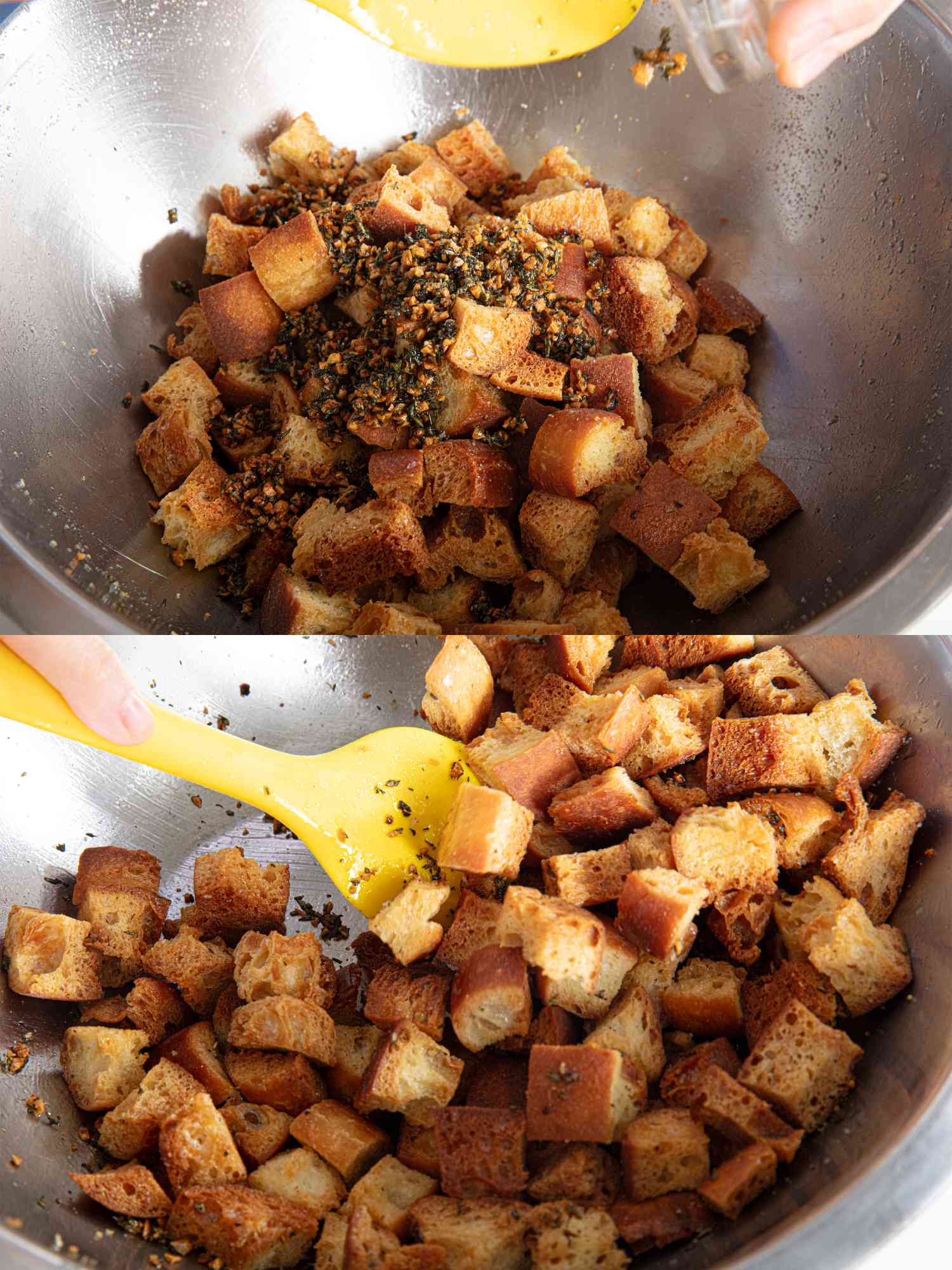 Two image collage of tossing breadcrumbs with garlic