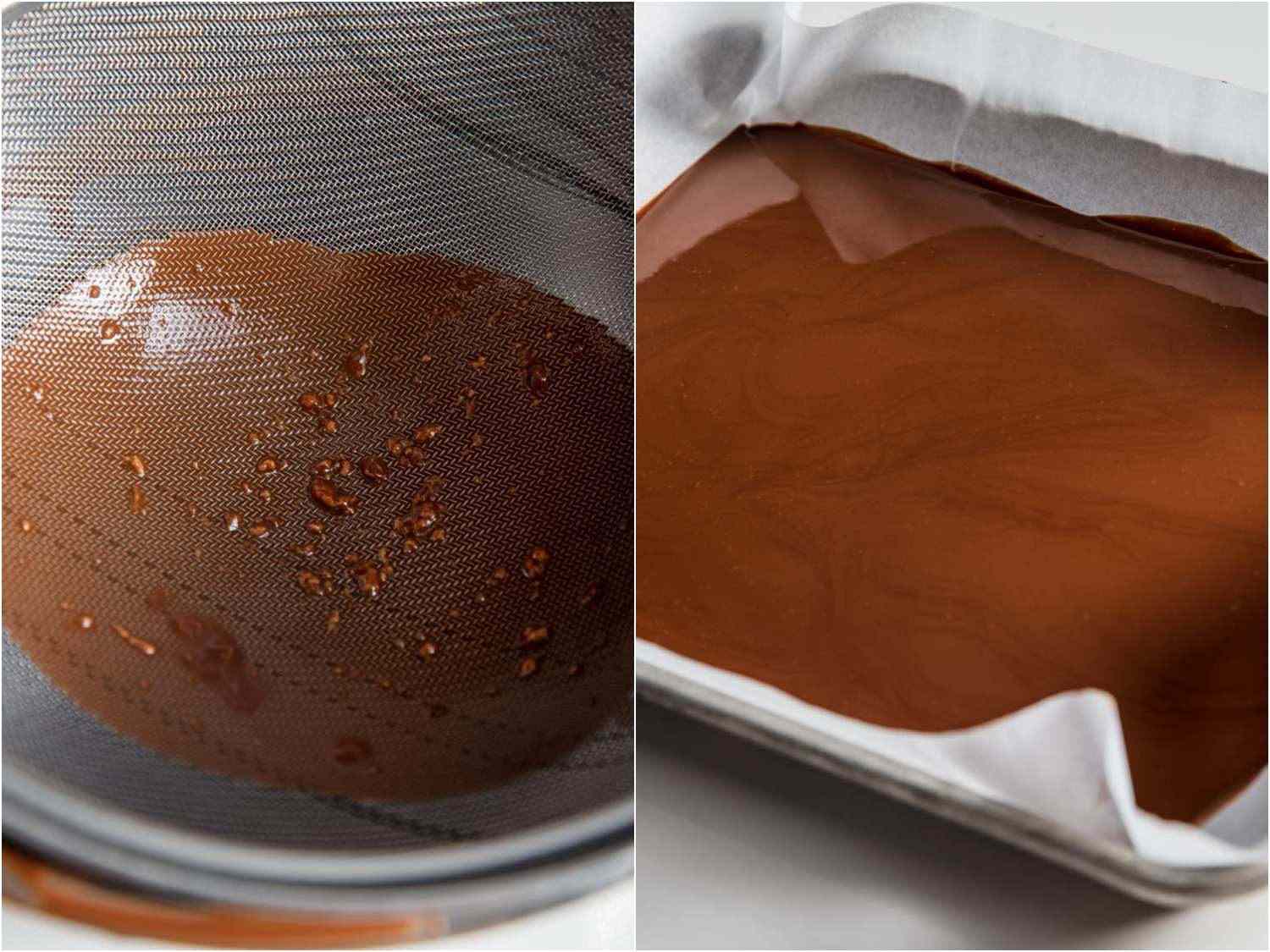Side by side images showing straining leftover melted chocolate from homemade Klondike Bars for reuse.