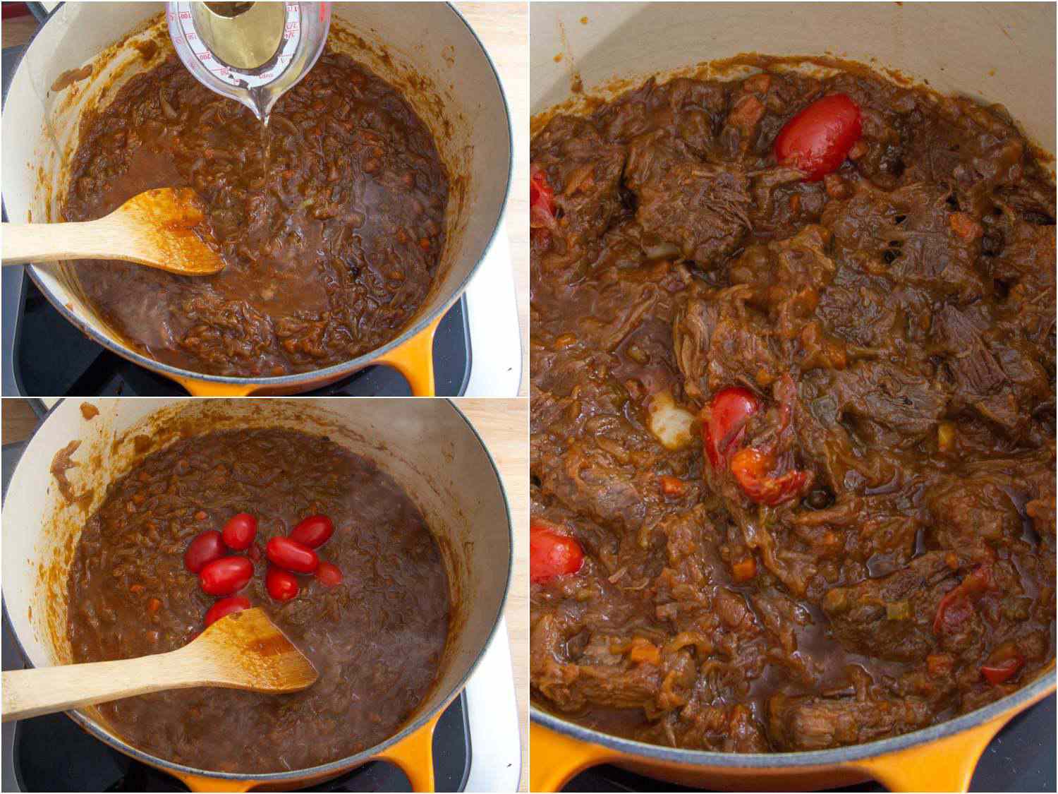 A collage showing adding white wine and grape tomatoes to the Dutch oven with the cooked vegetables.