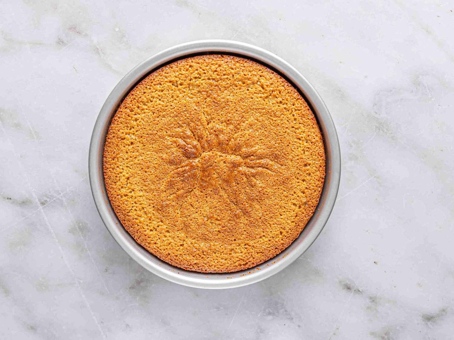 Overhead view of baked cake