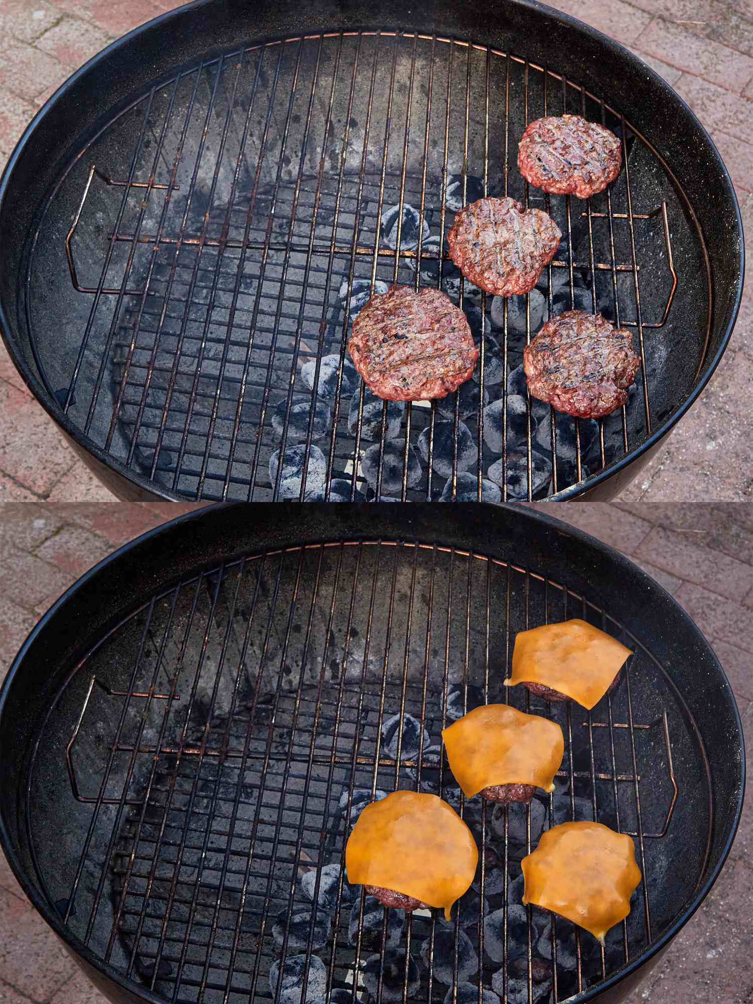 Grilling burger patties, cheese slices added in the second stage