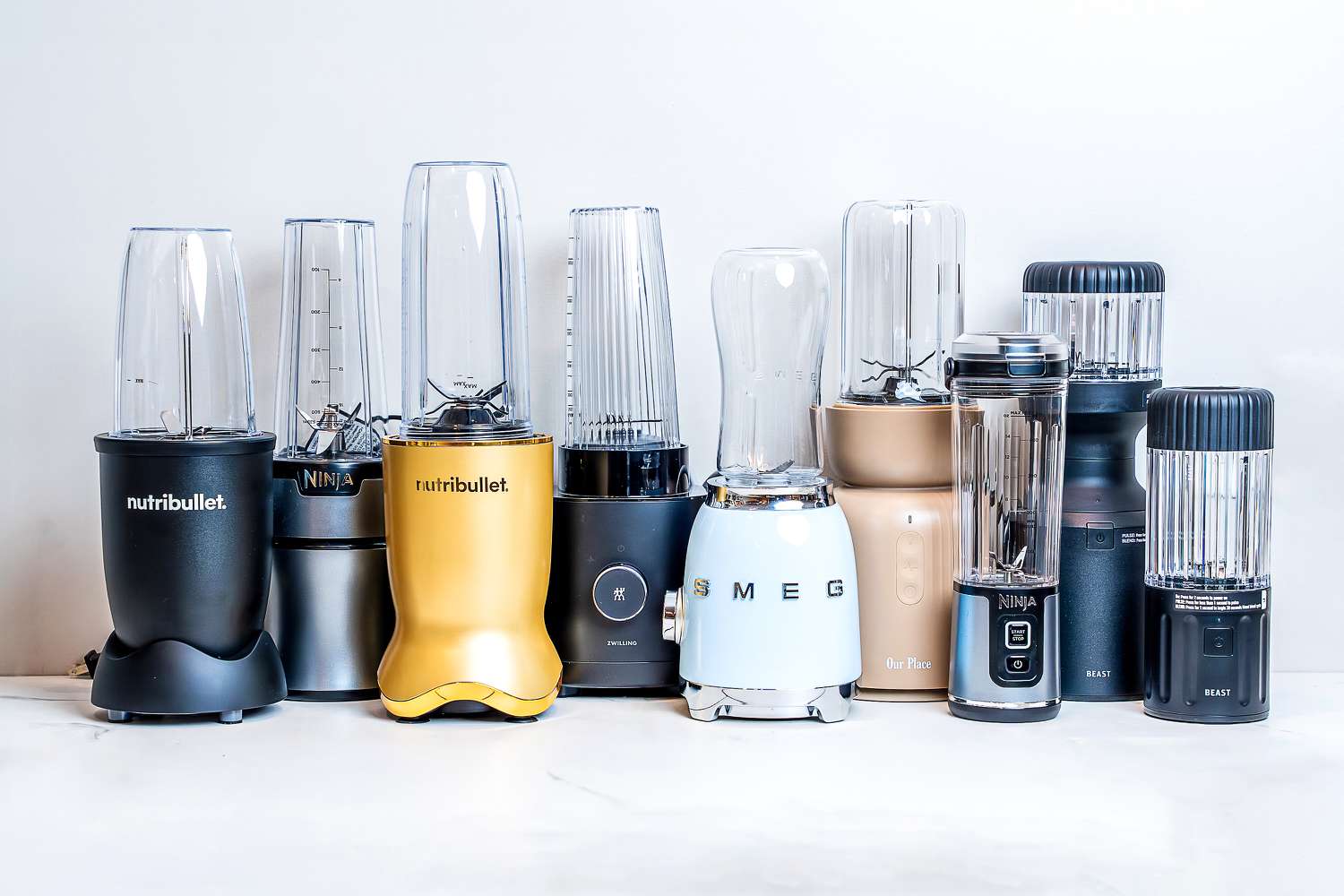 Personal blenders displayed on white countertop