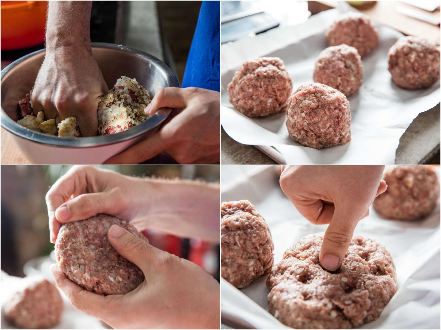 Collage of mixing the Salisbury steak mixture, forming it into balls, and then shaping into patties.