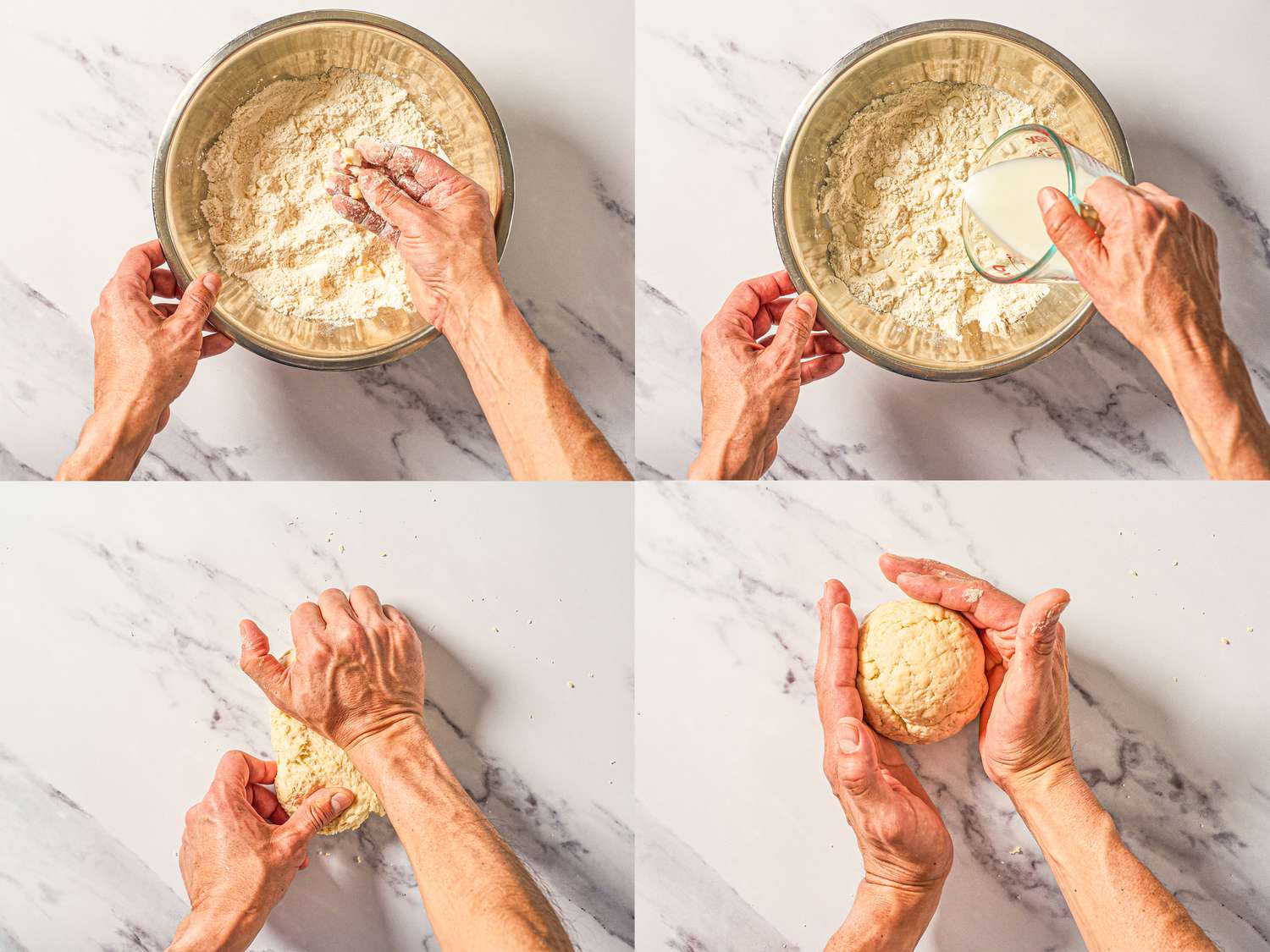 Four image collage of making and kneaded dough