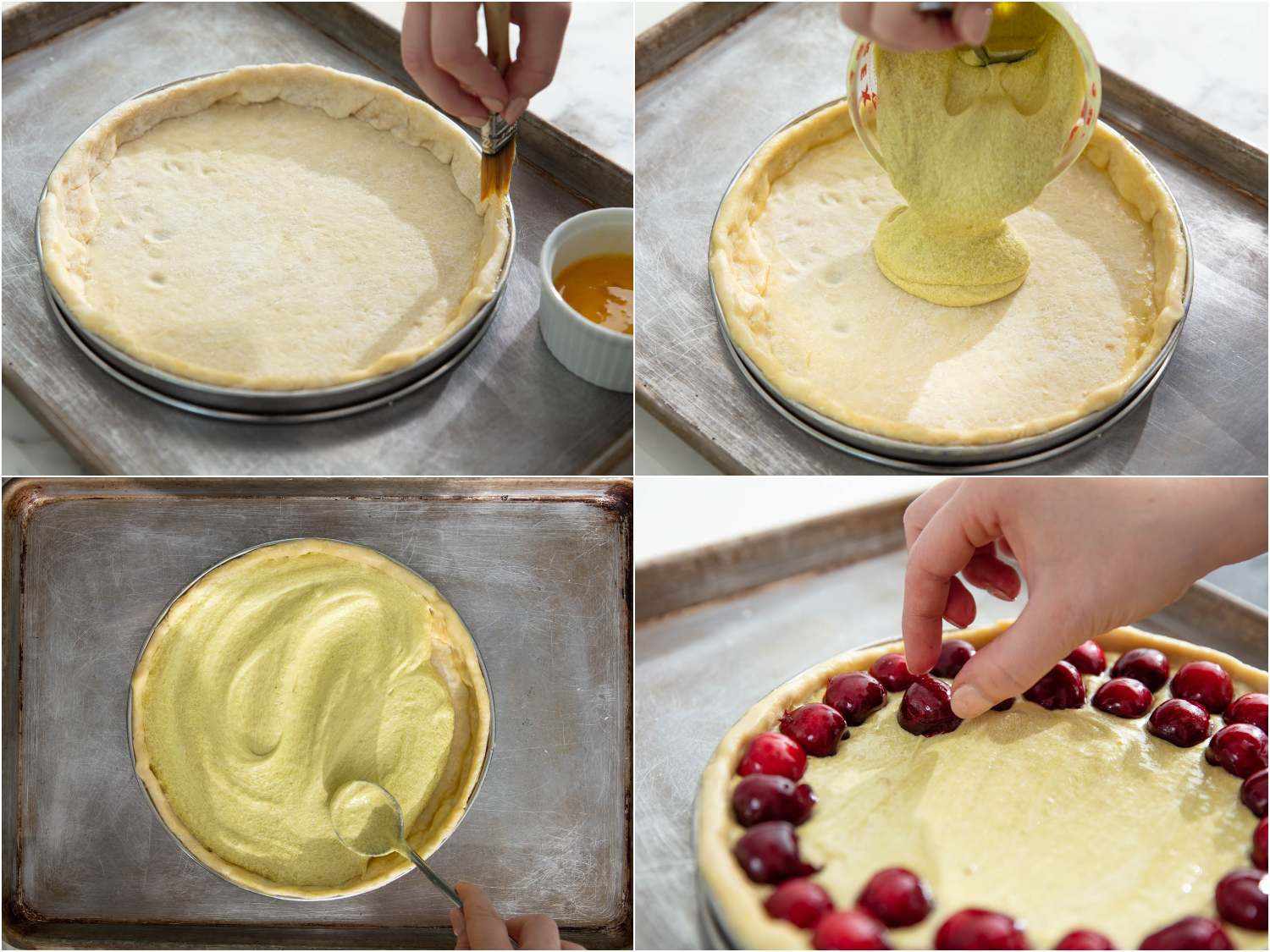 brushing the outer ring of tart dough with egg wash, adding the frangipane in an even layer, then topping with fruit in concentric rings
