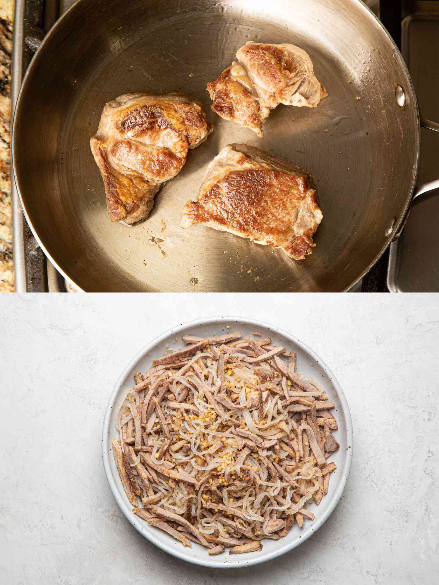 Two image collage of pork butt browned in pan and then shredded and combined with pork skin on a plate