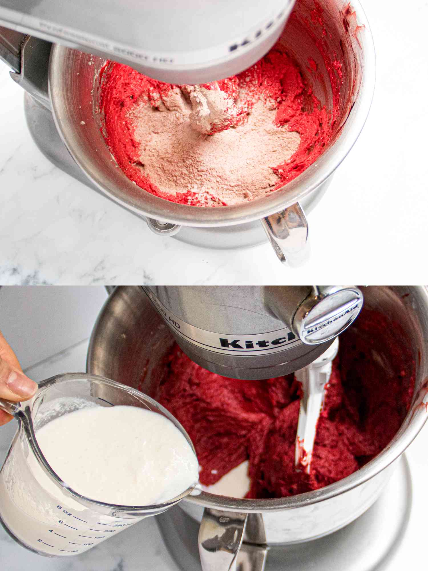 Two image collage of adding flour and buttermilk