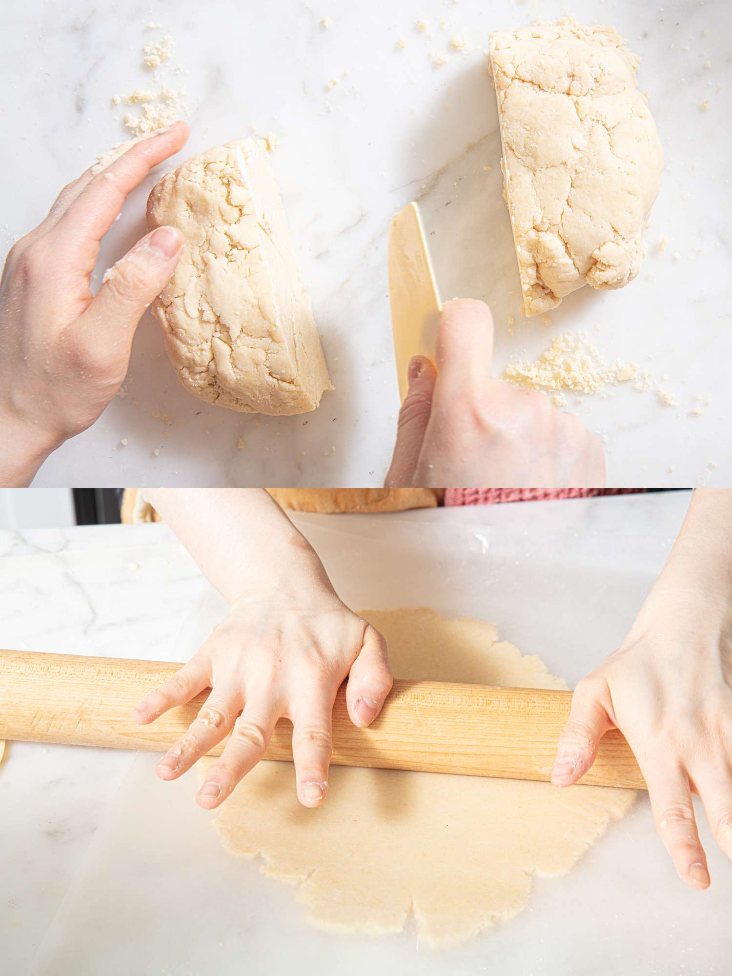 Overhead view of cutting dough in half and rolling out