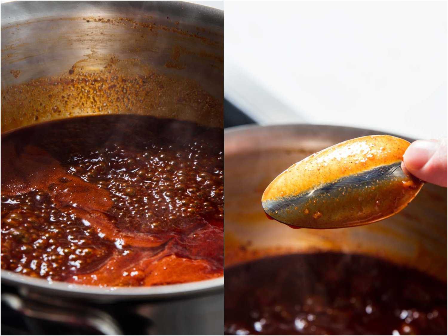 Side by side photos of simmering spicy Korean chile sauce and the sauce coating the spoon.