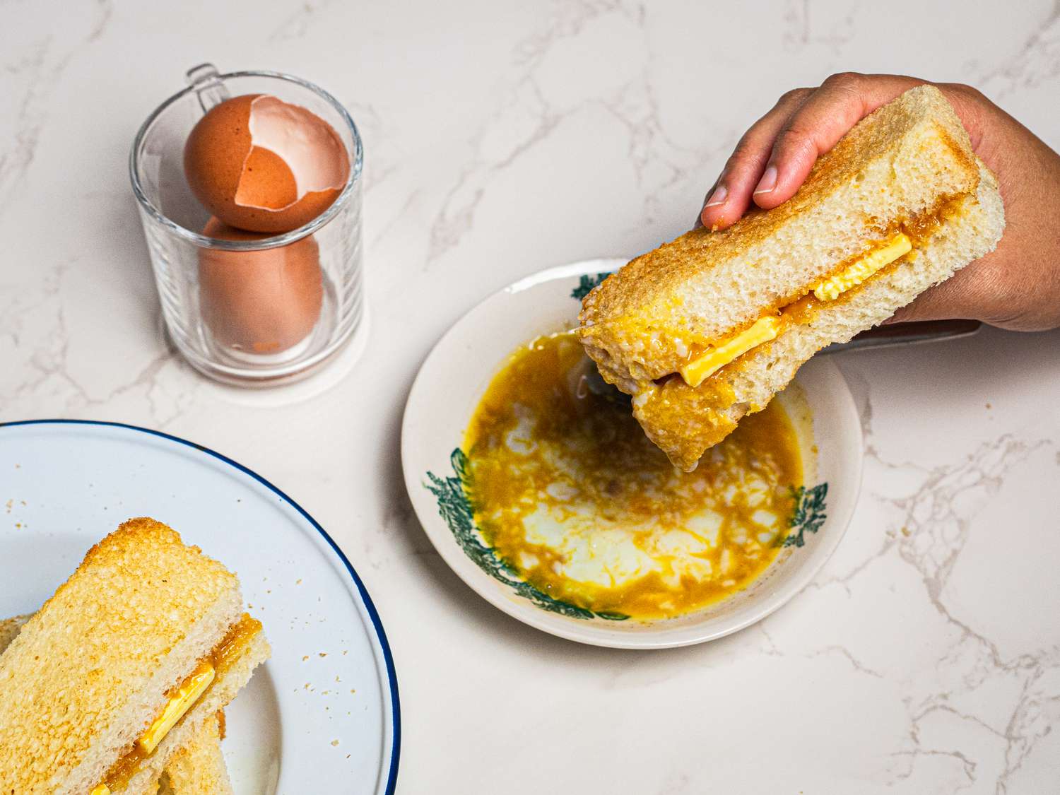 Overhead view of dipping kaya toast