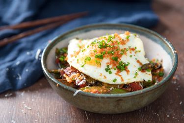 fried egg, kimchi, spam, and asparagus