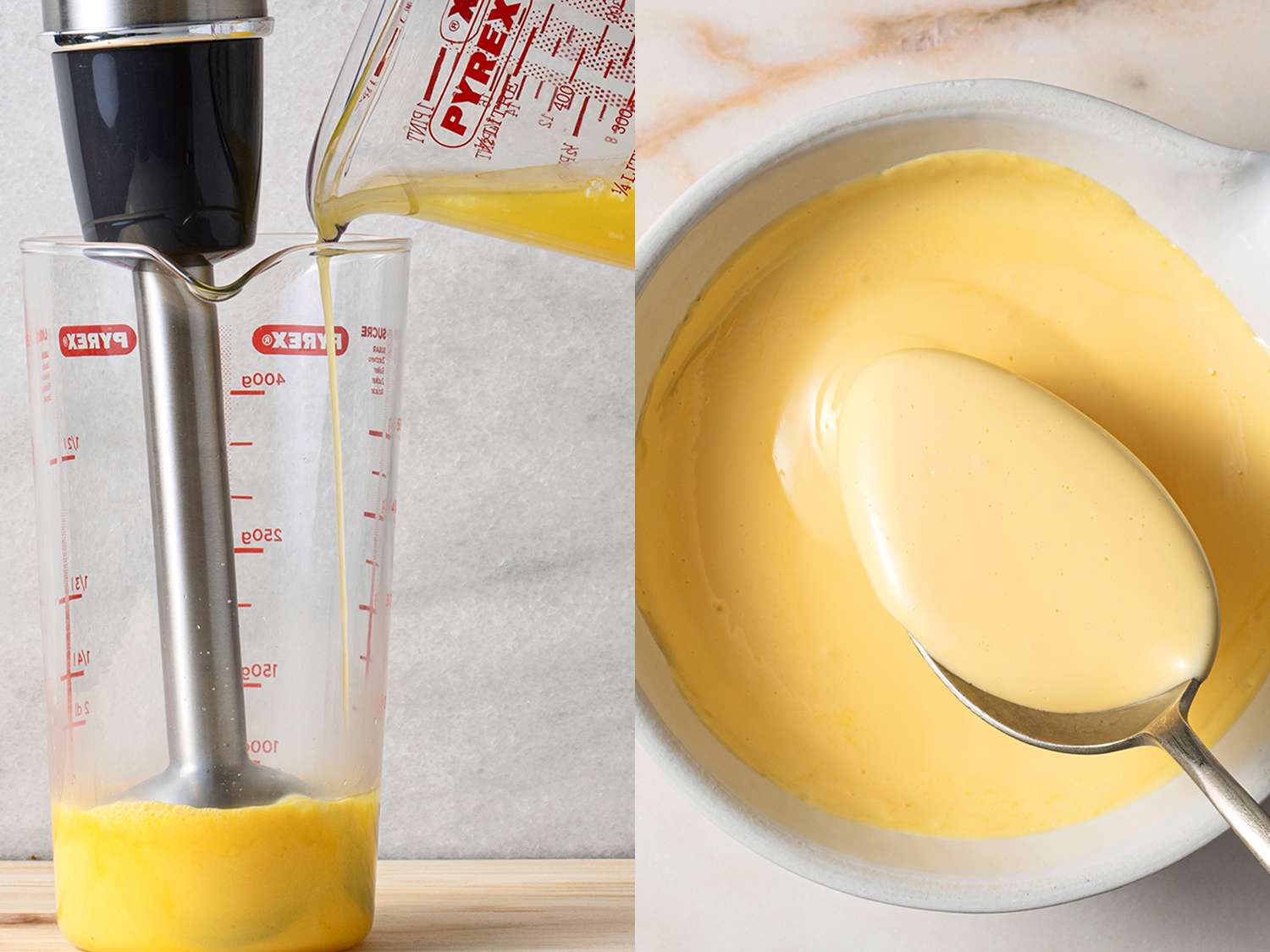 Hot butter being poured into measuring cup while blending with an immersion blender, and a bowl of hollandaise sauce