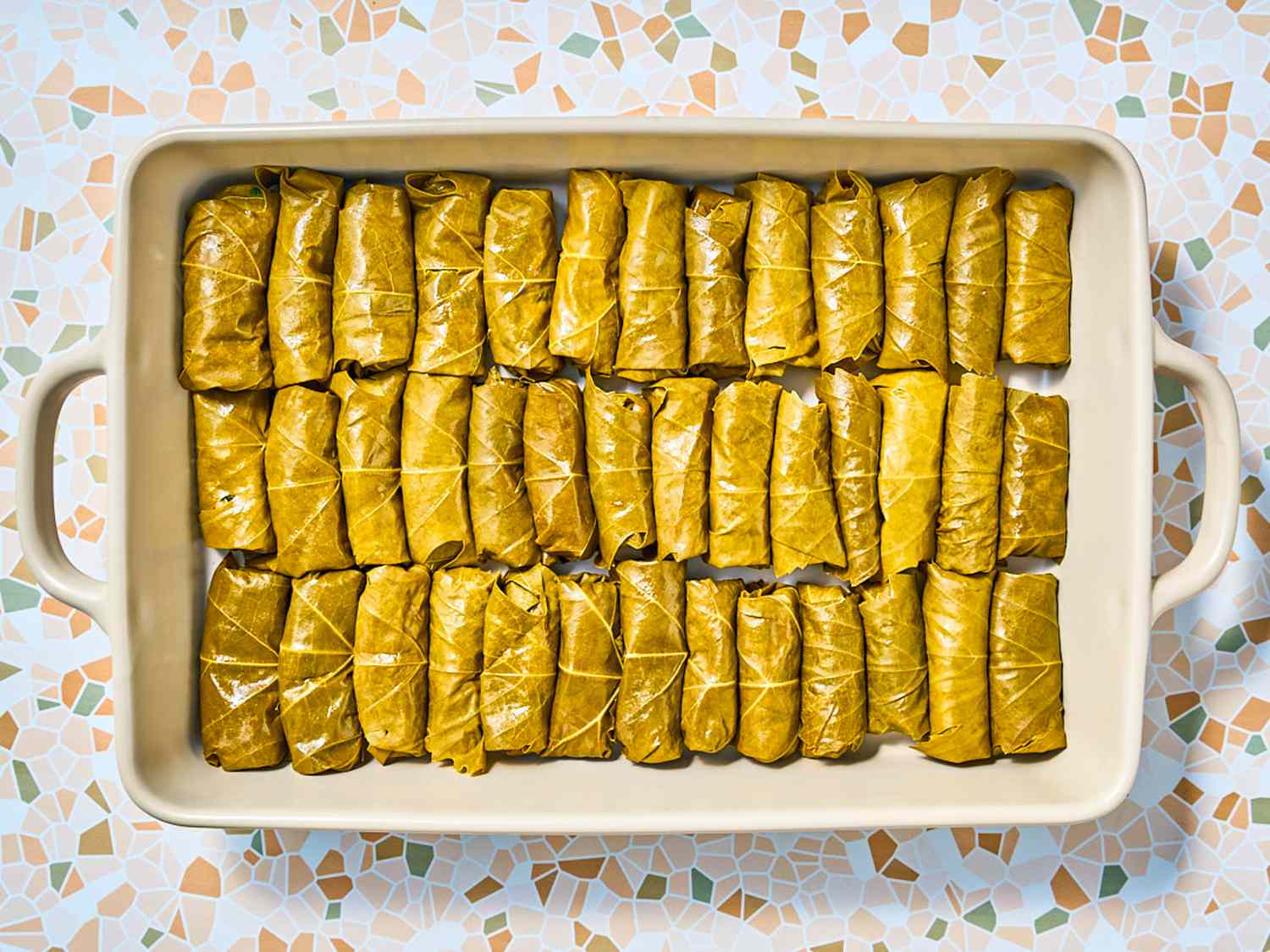 Overhead view of sarma in a baking dish