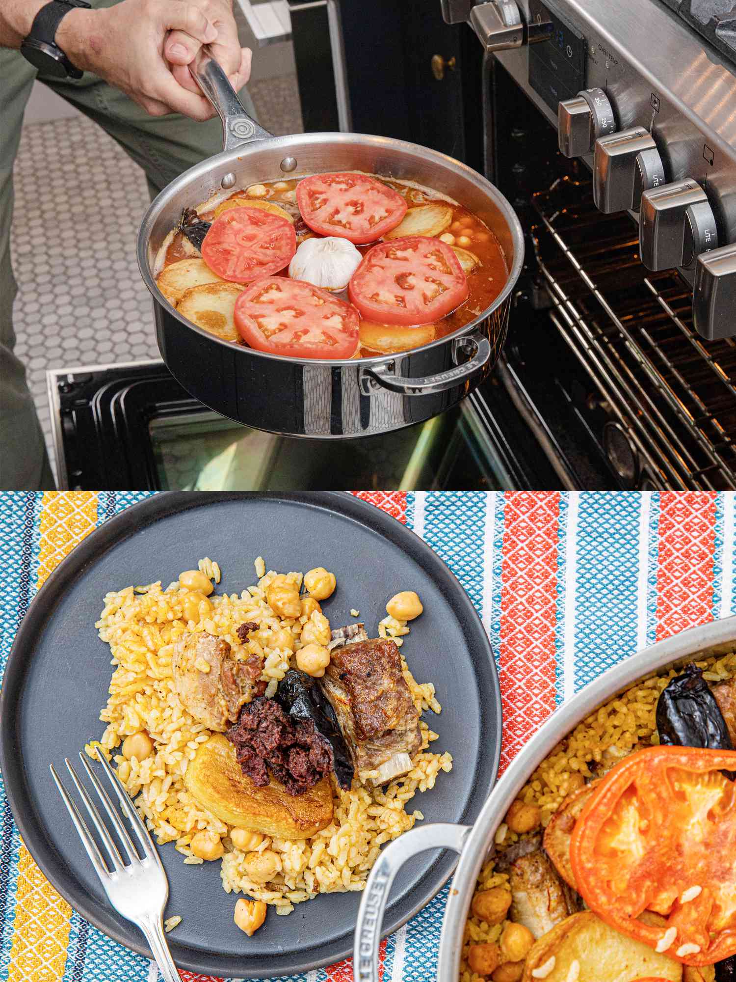 Two image collage of putting pan into oven and finished arroz al horno