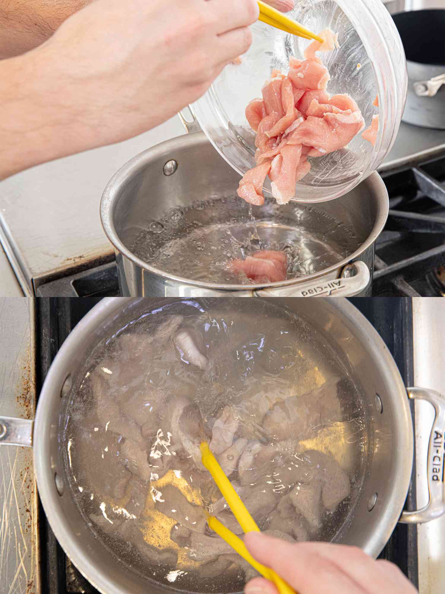 Two image collage of cooking marinaded pork