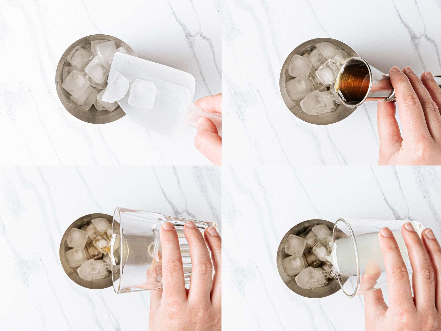 Four steps showing the preparation of a cocktail using ice liquid ingredients and a mixing container