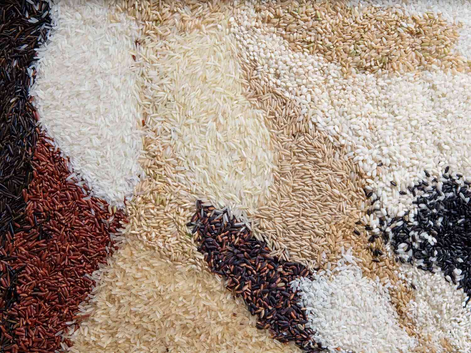 Many different varieties of rice spread artfully on a surface