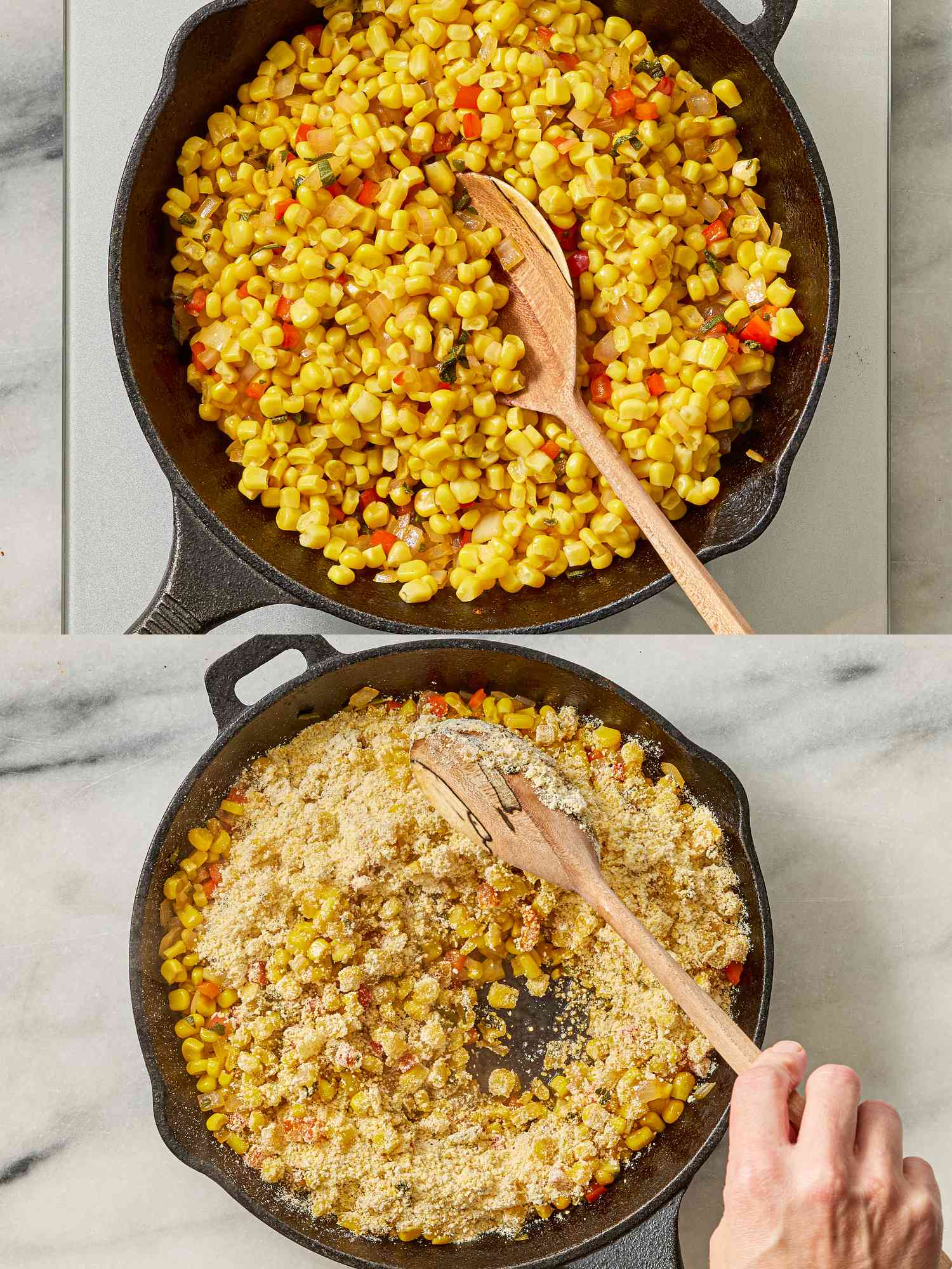 Two image collage of building corn casserole