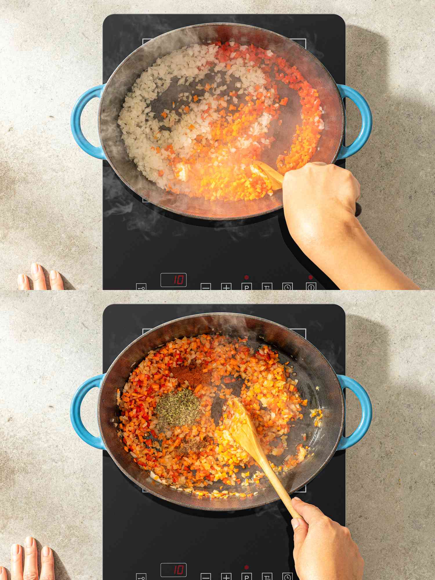 Two image collage of cooking vegetables and adding spices