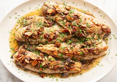 Overhead view of trout almondine