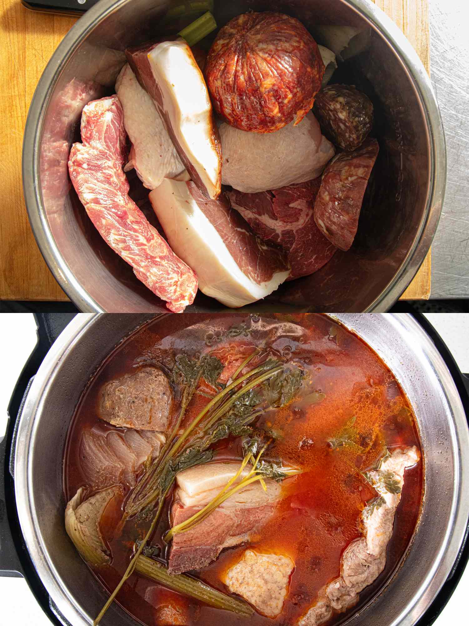 Steps of preparing Italian wedding soup raw meat ingredients in a pot shown in the top image cooked soup with herbs in the bottom image