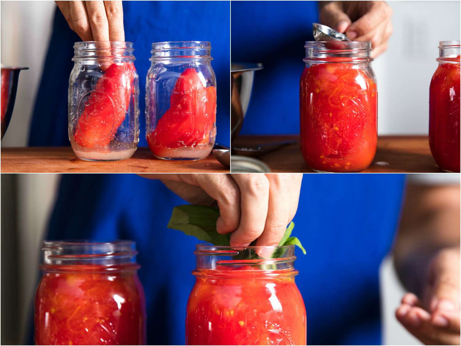 A three-image collage of canning tomatoes: adding blanched tomatoes to jars, adding liquid to jars, adding herb sprigs.