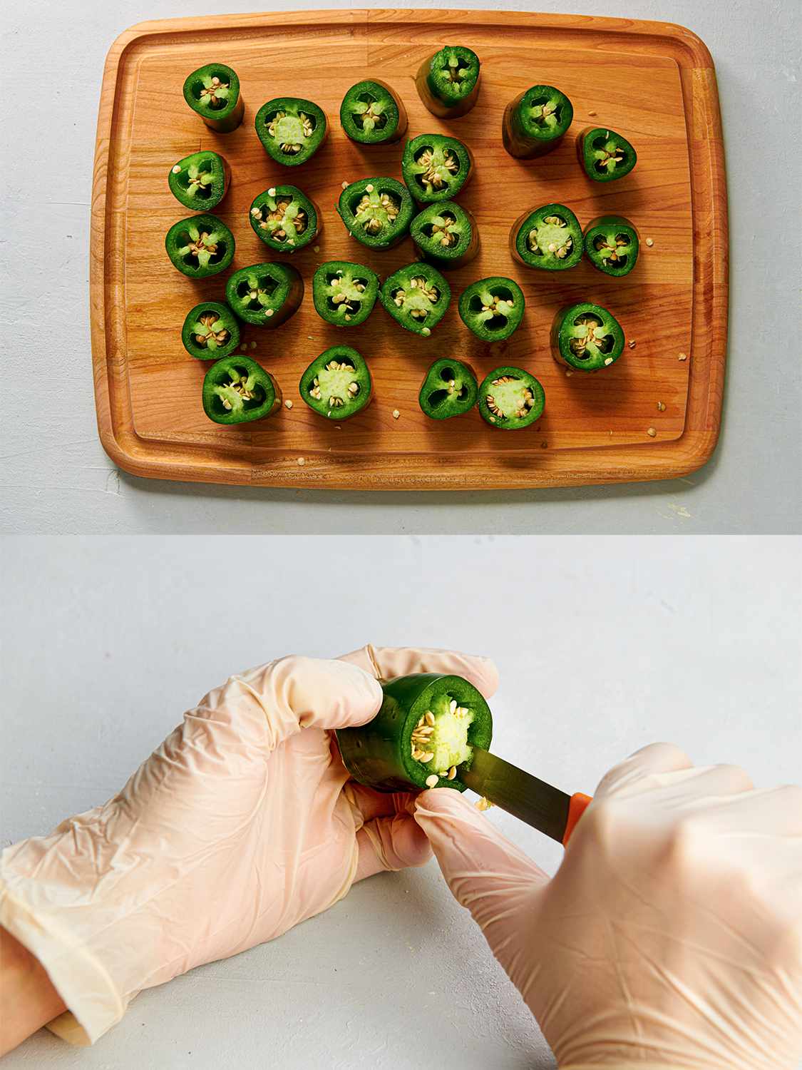 A two-image collage. The top image shows jalapeÃ±os cut into rings on a wooden cutting board. The bottom image shows a pair of gloved hands using a paring knife to remove the seeds and membrane from the inside of a jalapeÃ±o ring.