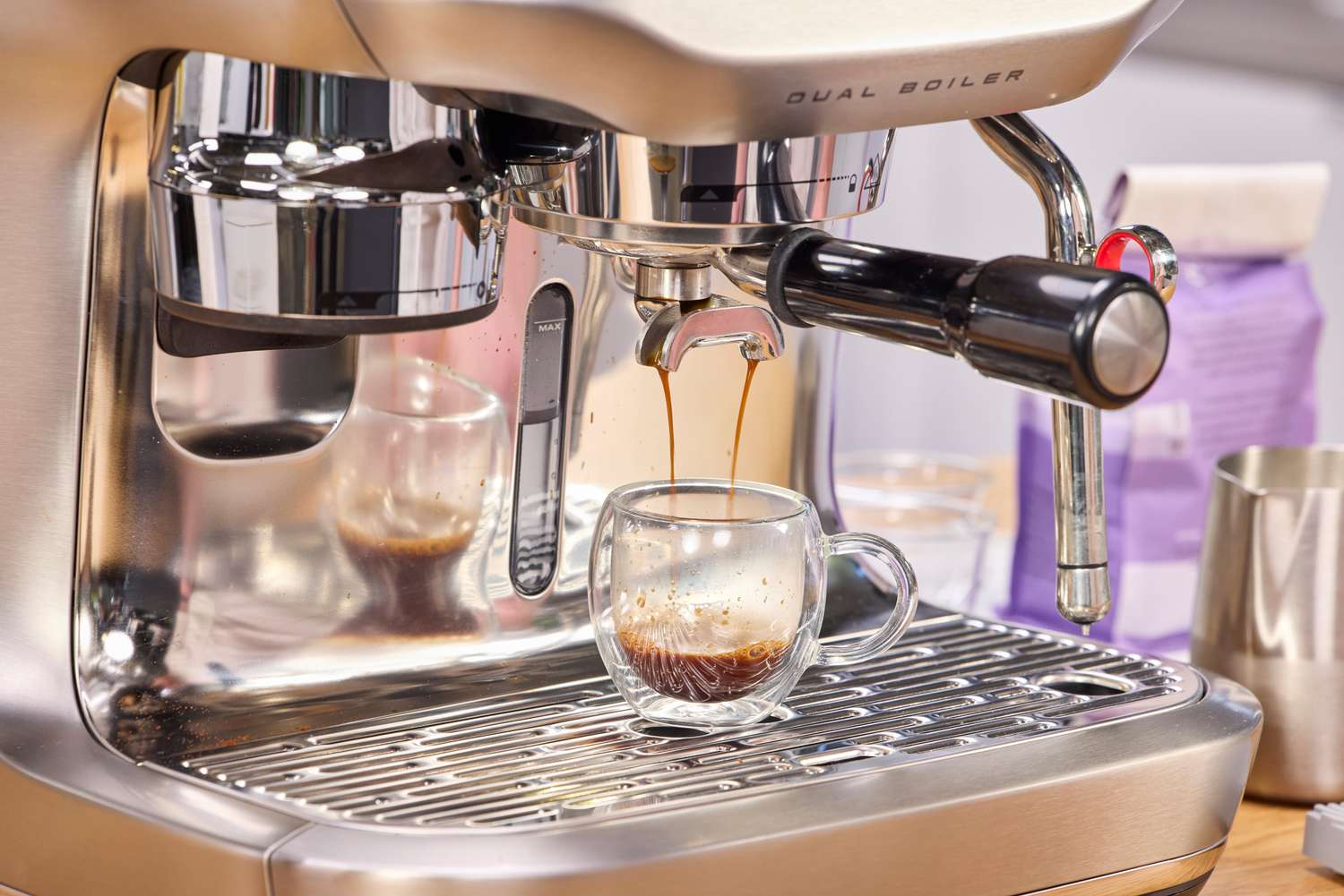 Espresso pours from the Breville The Oracle Dual Boiler Espresso Machine