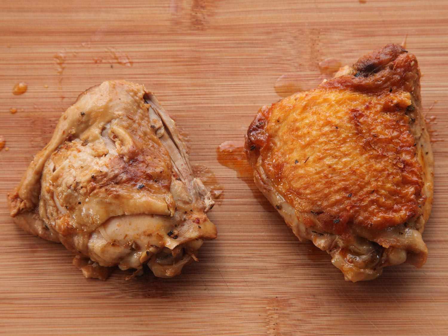 A side-by-side comparison shot of braised chicken thighs. The thigh on the right was browned first.
