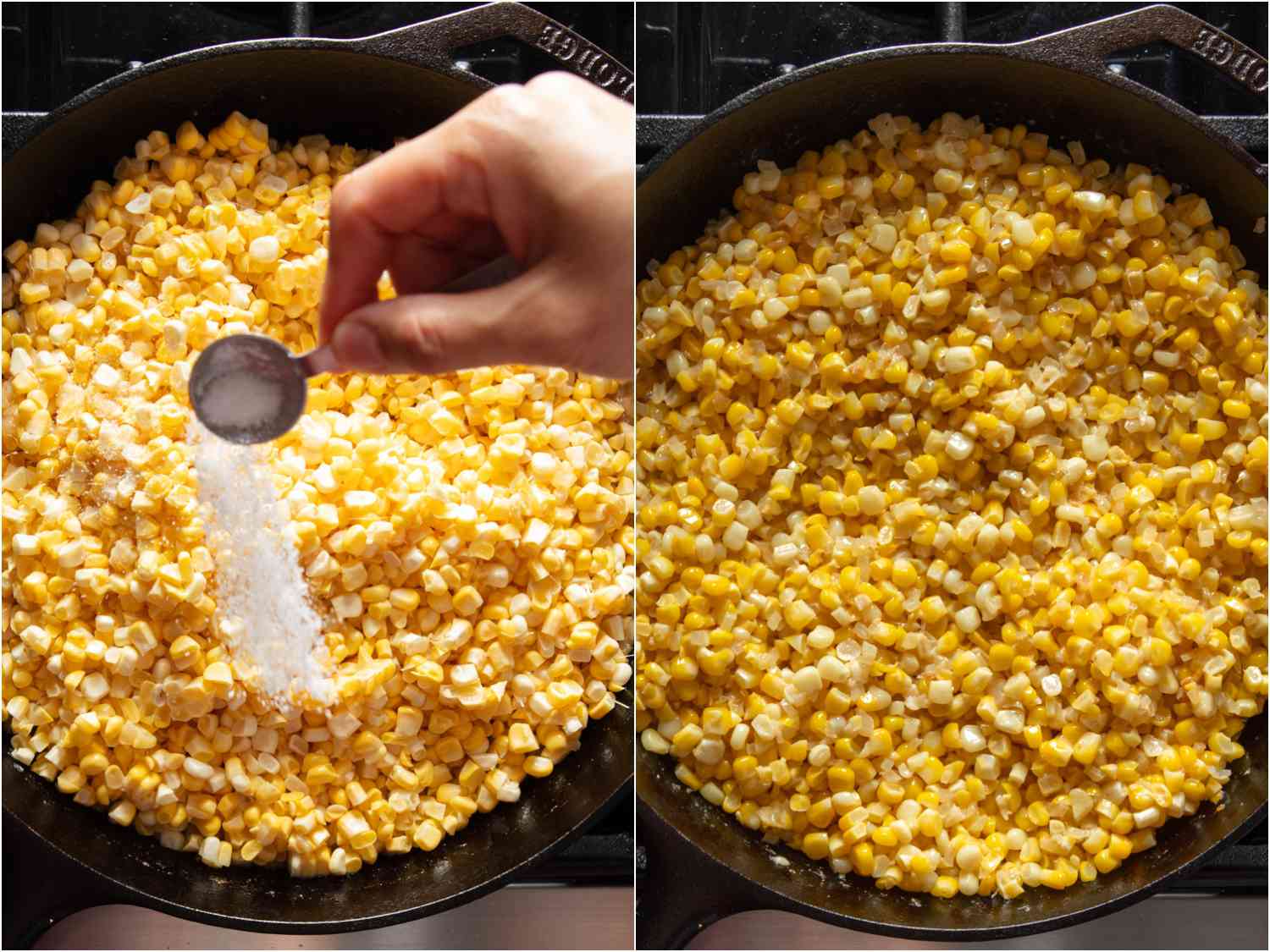 Two-image collage of cooking corn in the skillet, adding salt.