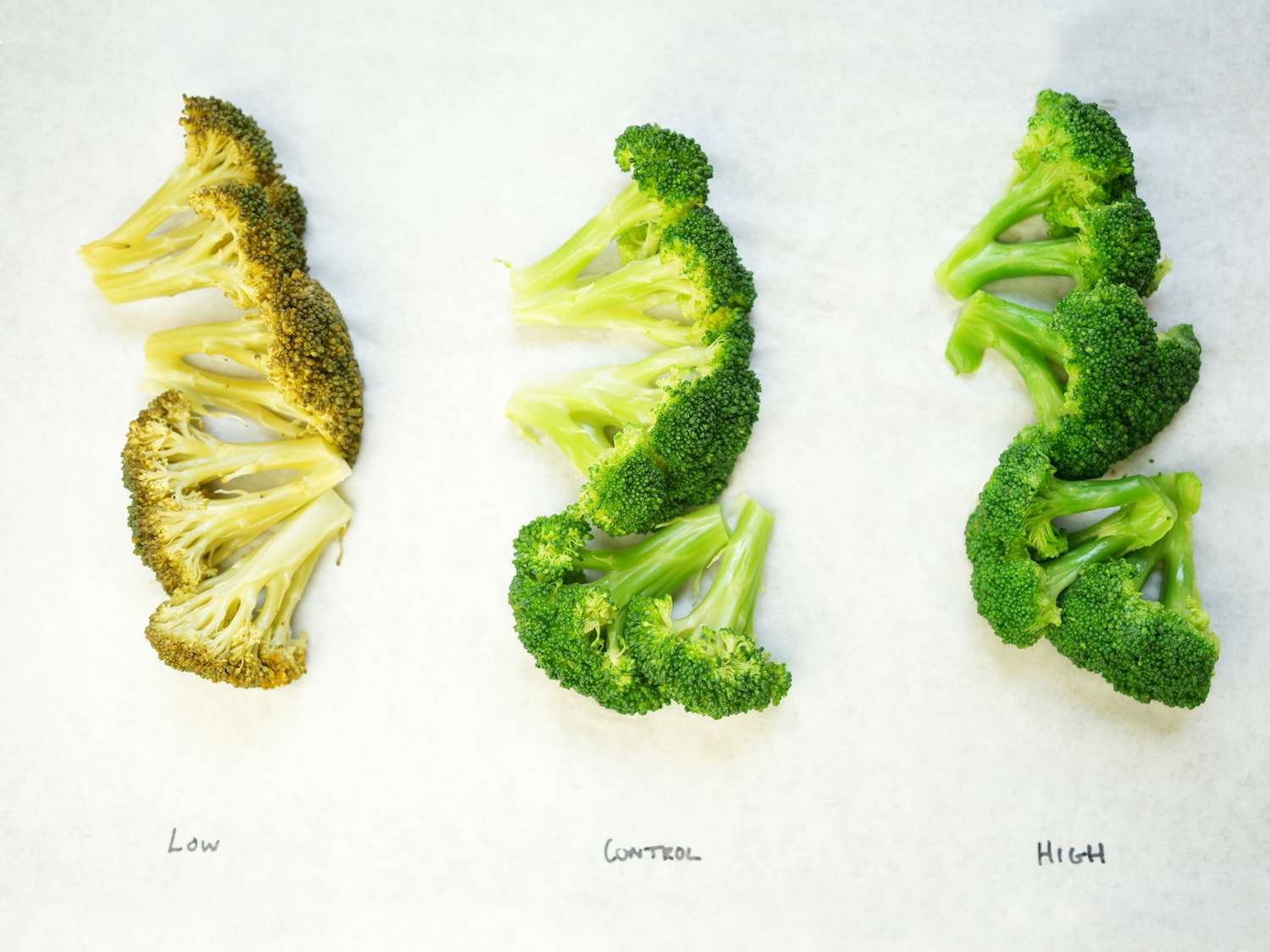 Broccoli cooked with different PH balances, labeled Low, Control, and High on parchment paper 