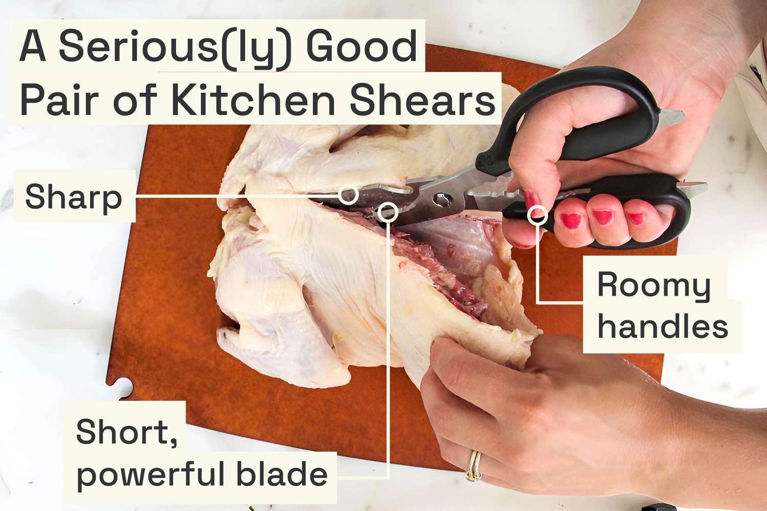 Hands using kitchen shears to cut a chicken with labeled features such as sharpness short blade and roomy handles