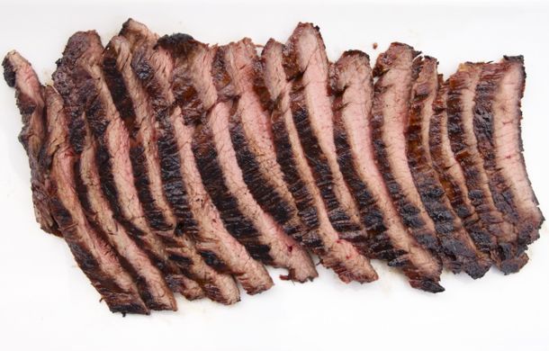 Flank steak cut against the grain into thin slices. 