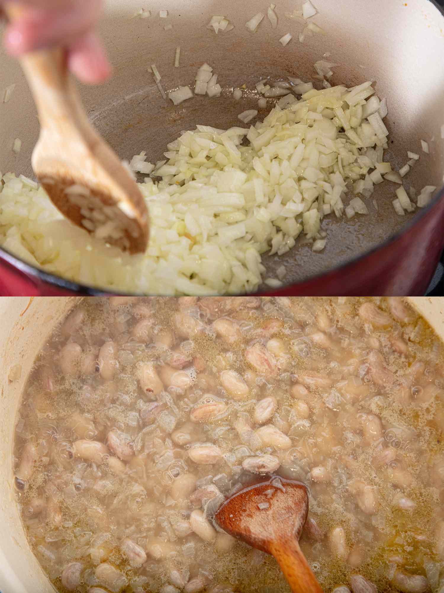 Two images showing a cooking process chopping onions being sauted in a pot and a pot of cooked beans with a wooden spoon