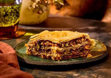 Slice of carrot cake baklava on a plate