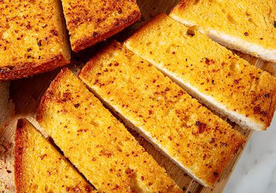 Overhead view of garlic bread