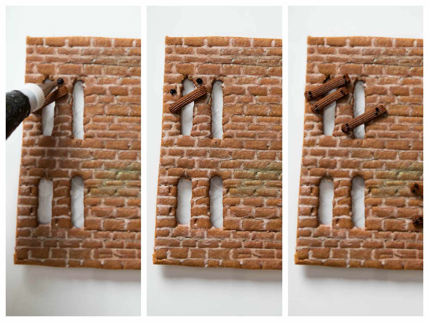 Collage of photos of piping brown gingerbread paste and black frosting over gingerbread house windows to make 