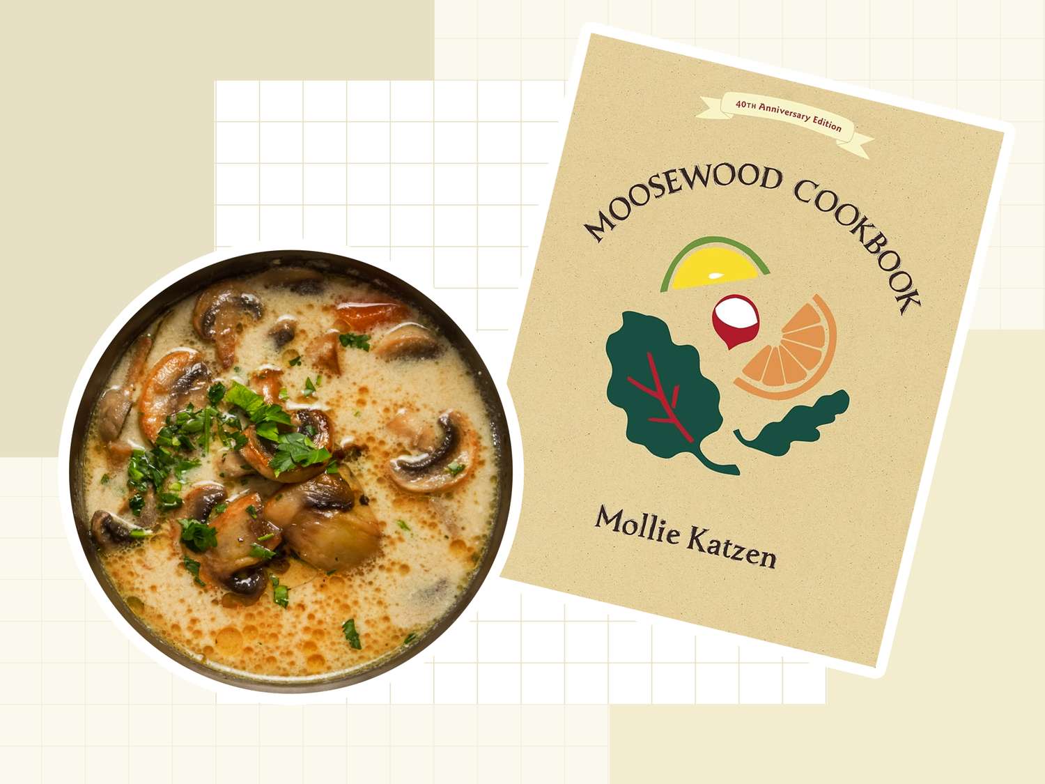 A bowl of soup and the cover of the Moosewood Cookbook featuring a title and illustrations of food elements