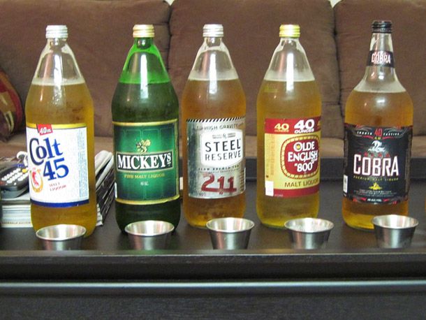 An assortment of 40-ounce Malt Liquor beers. 