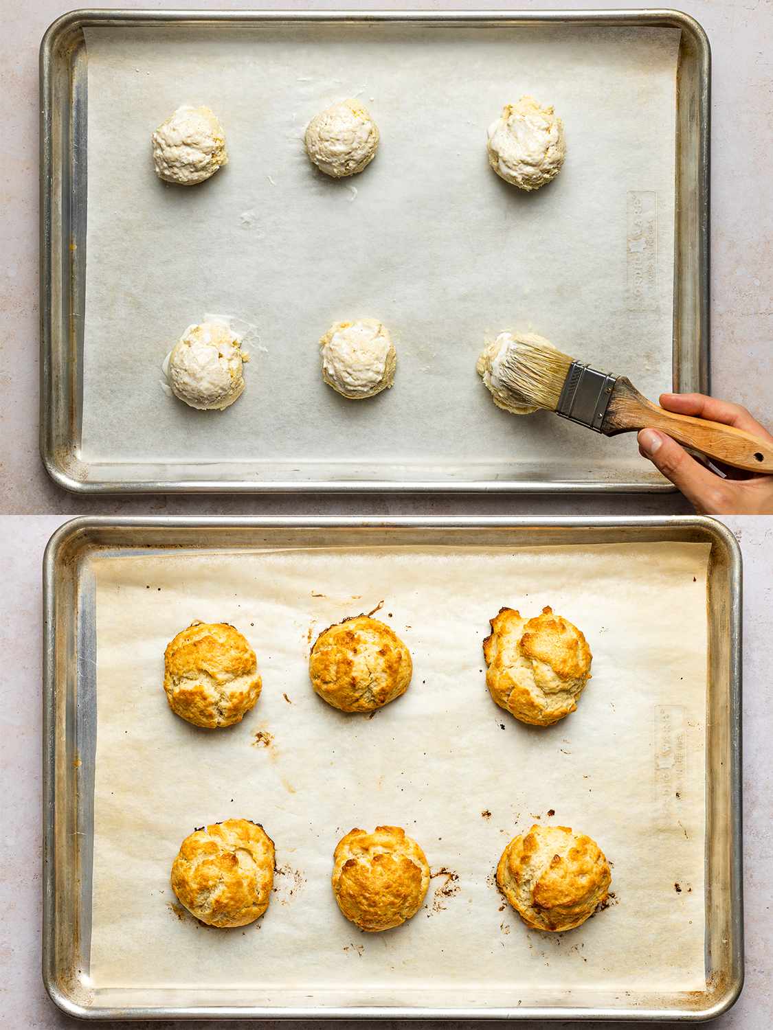 A two-image collage. The top image shows balls of dough scooped out onto a parchment-lined baking sheet and spaced 2 inches apart, with the tops brushed with cream. The bottom image shows the now golden brown biscuits on a baking sheet after being removed from the oven.