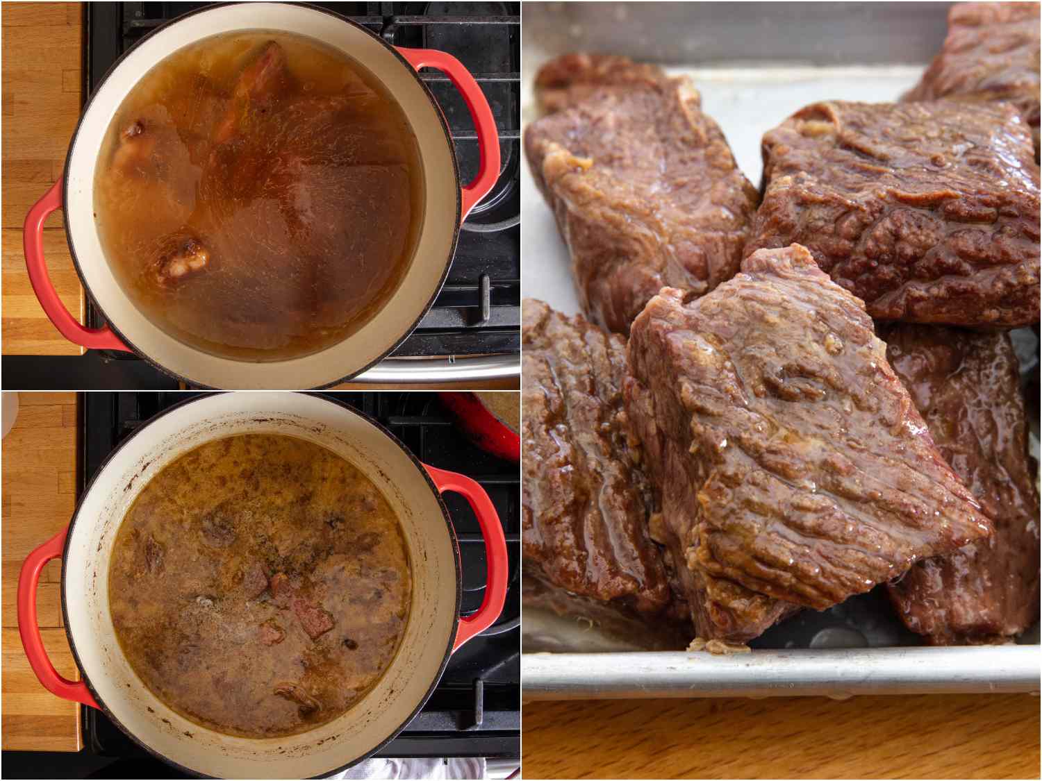 collage: braising beef in liquids