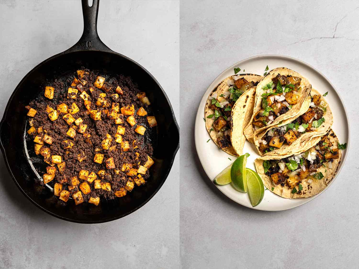 Cooked potatoes and chorizo in a pan, tortillas filled with chorizo and potato mixture