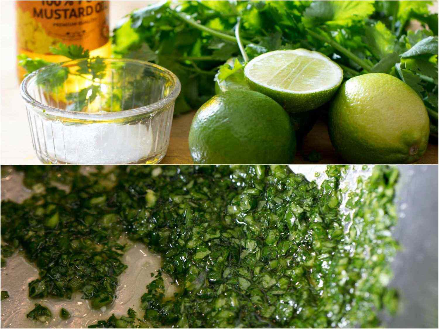 Collage of ingredients for green chutney and the finished condiment.