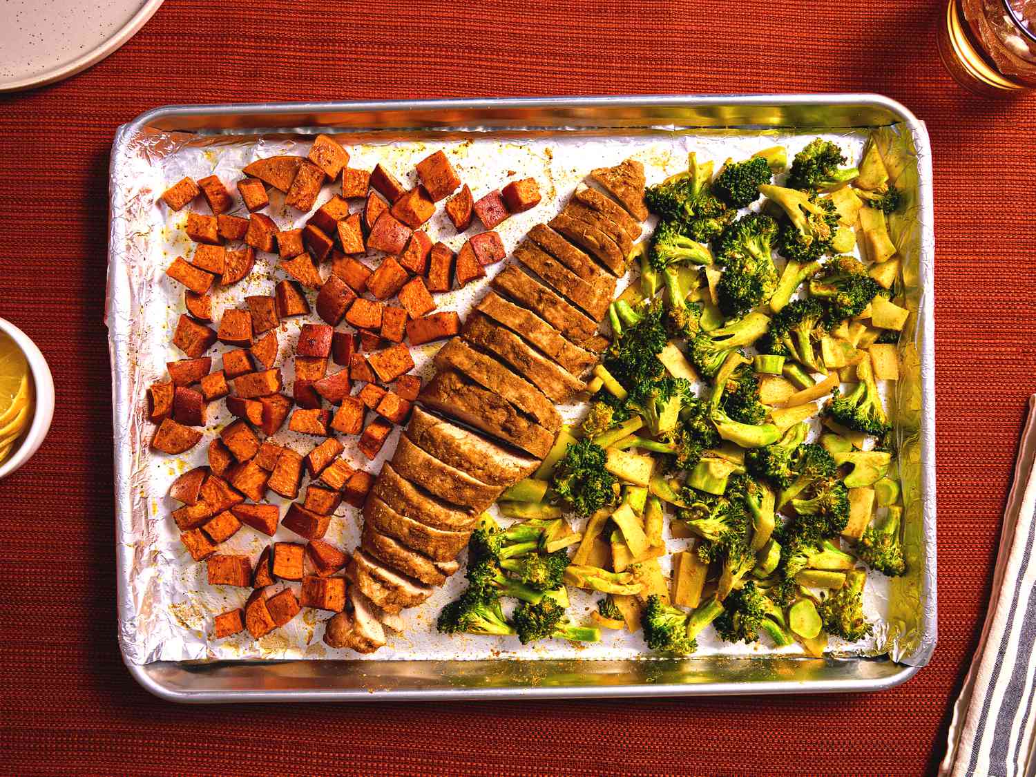 Overhead view of sheet pan dinner