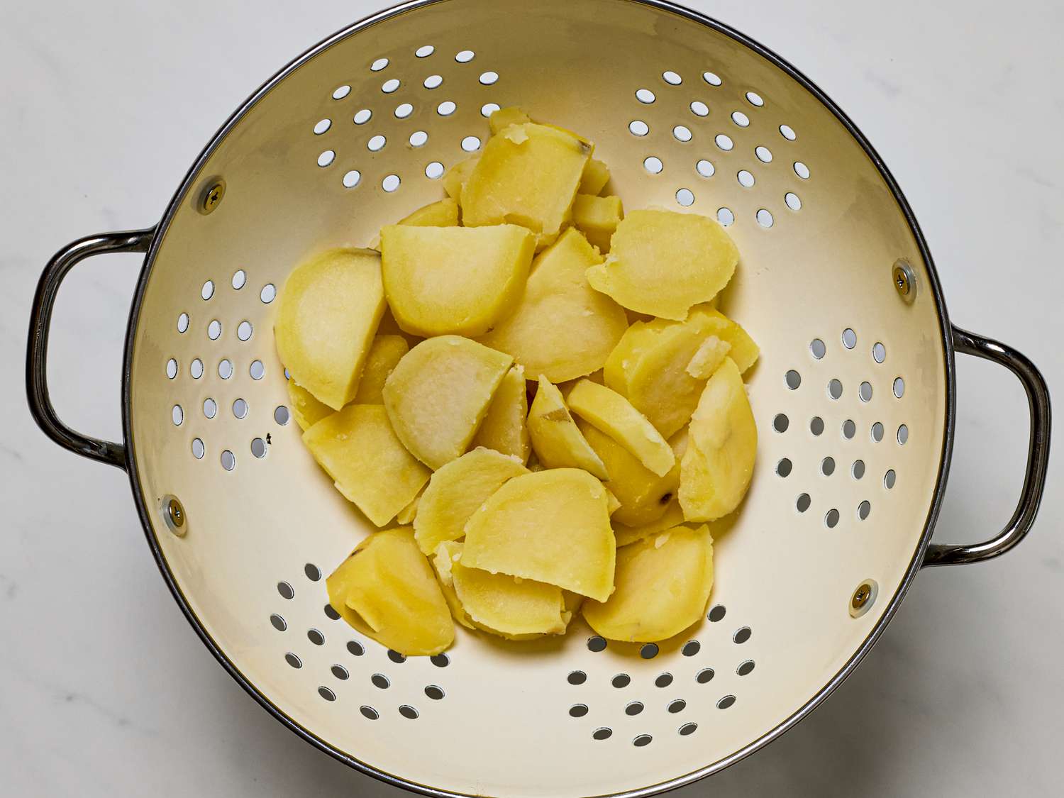 Overhead view of boiled potatoes