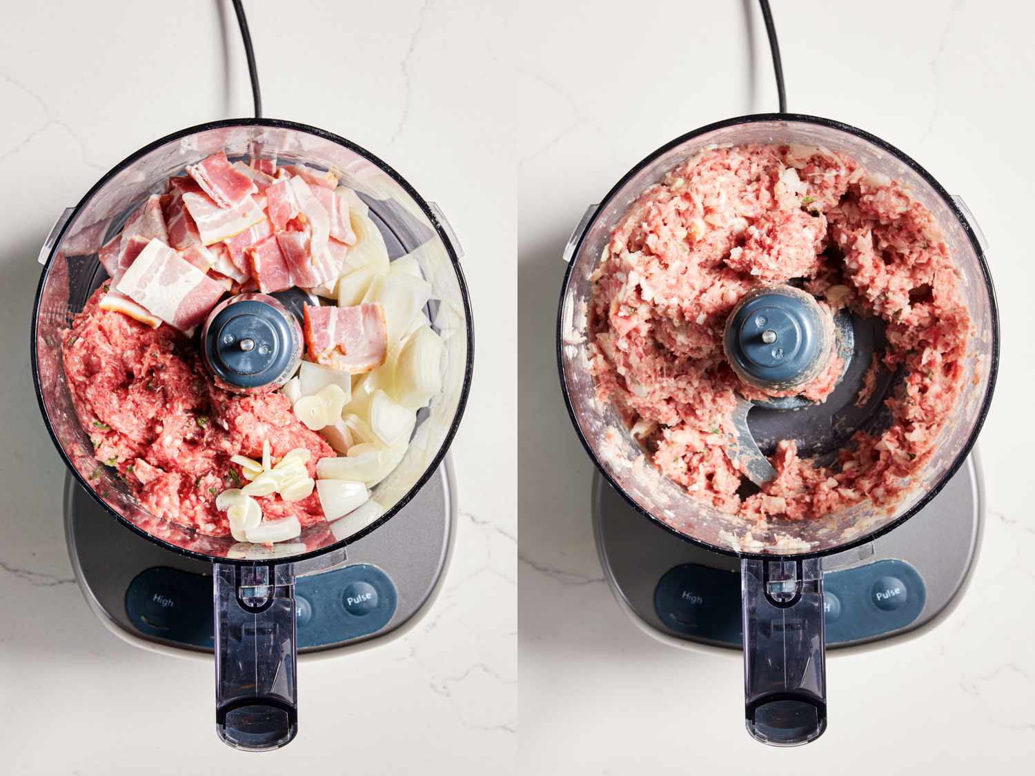 Side by side photos of lamb mixture, bacon, and onions in a food processor before and after being pulsed