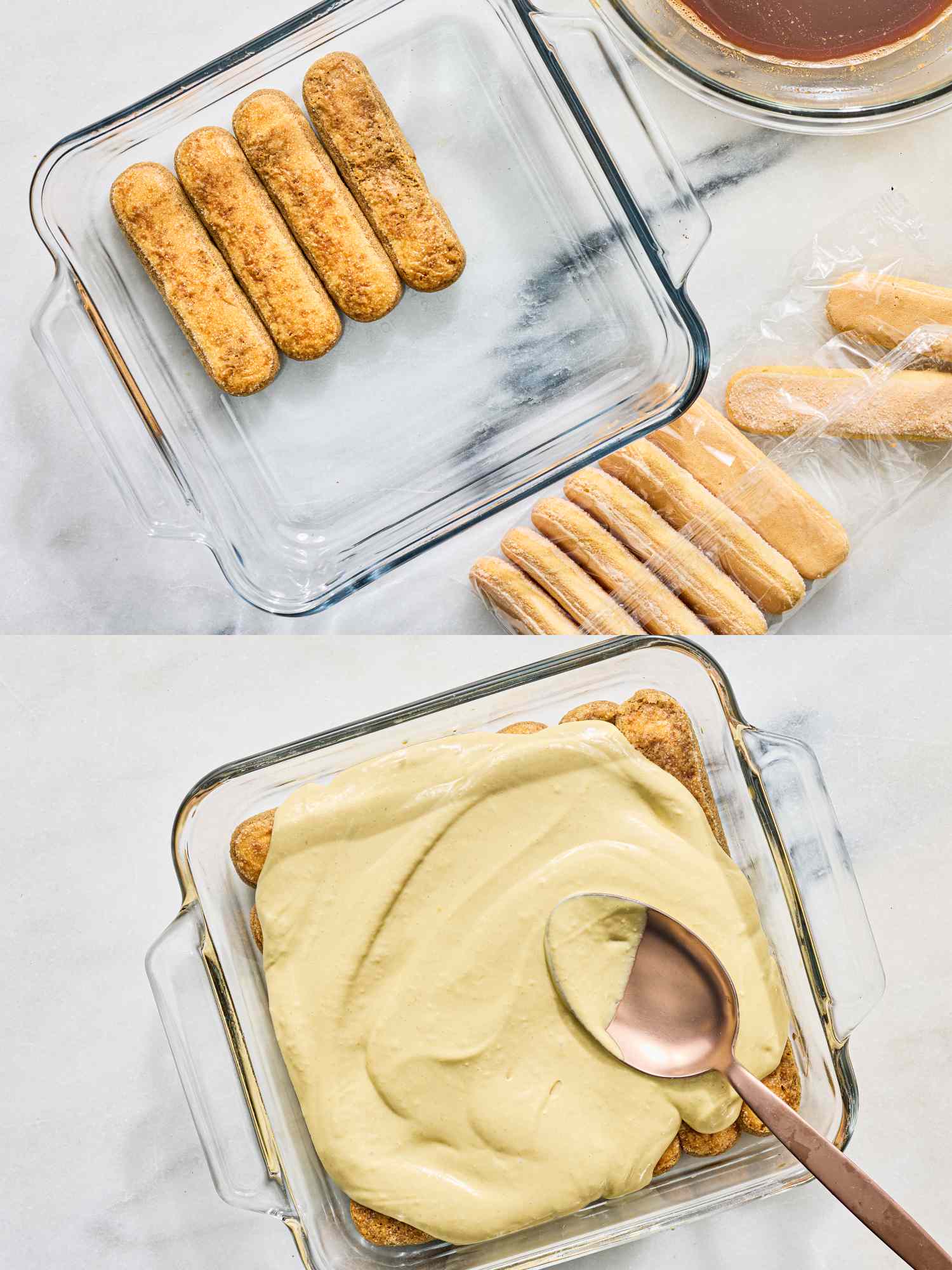 Twostep image showing the layering process for pistachio tiramisu with ladyfingers and cream in a glass dish