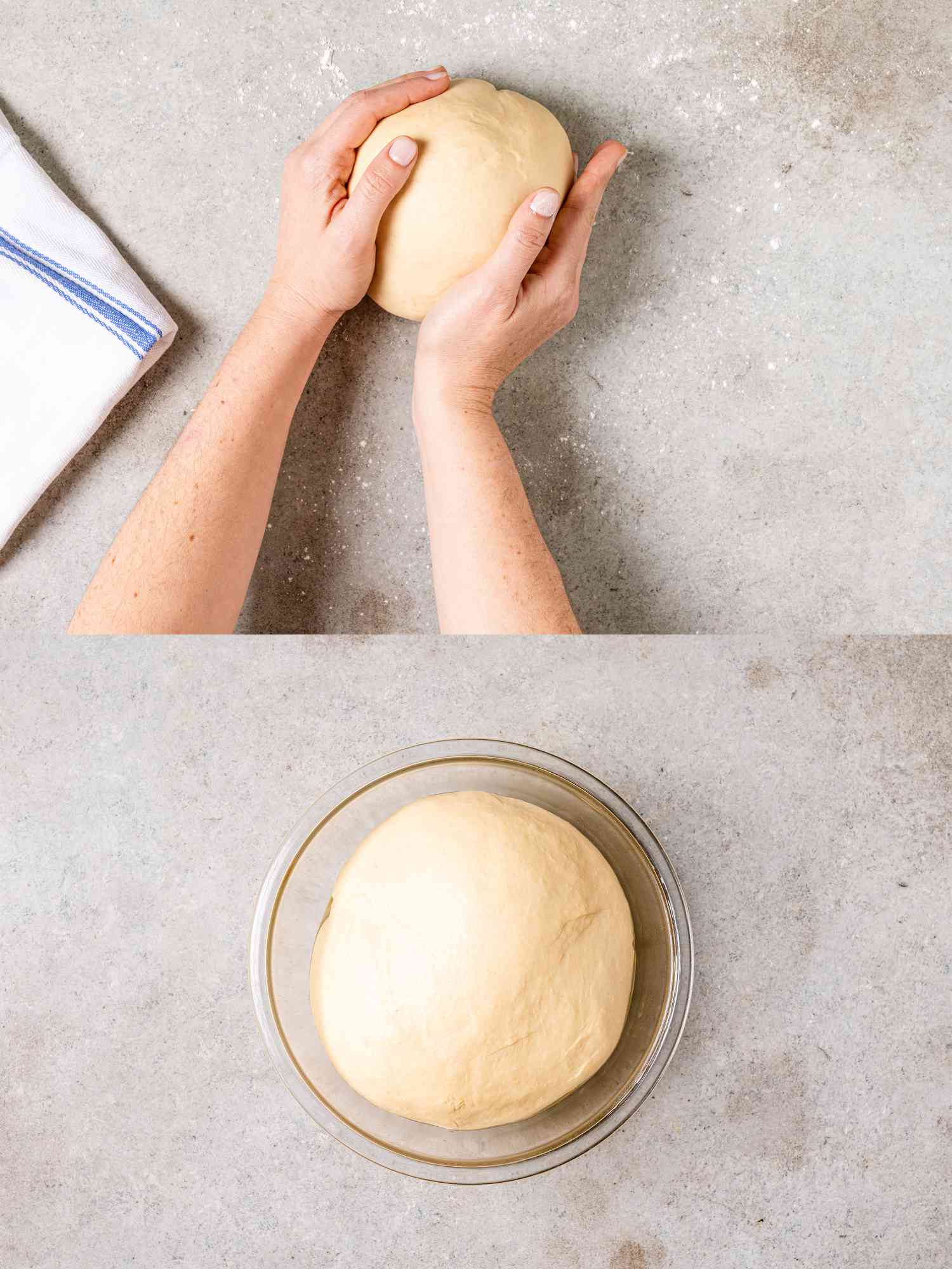Two image collage of shaping and proofing dough